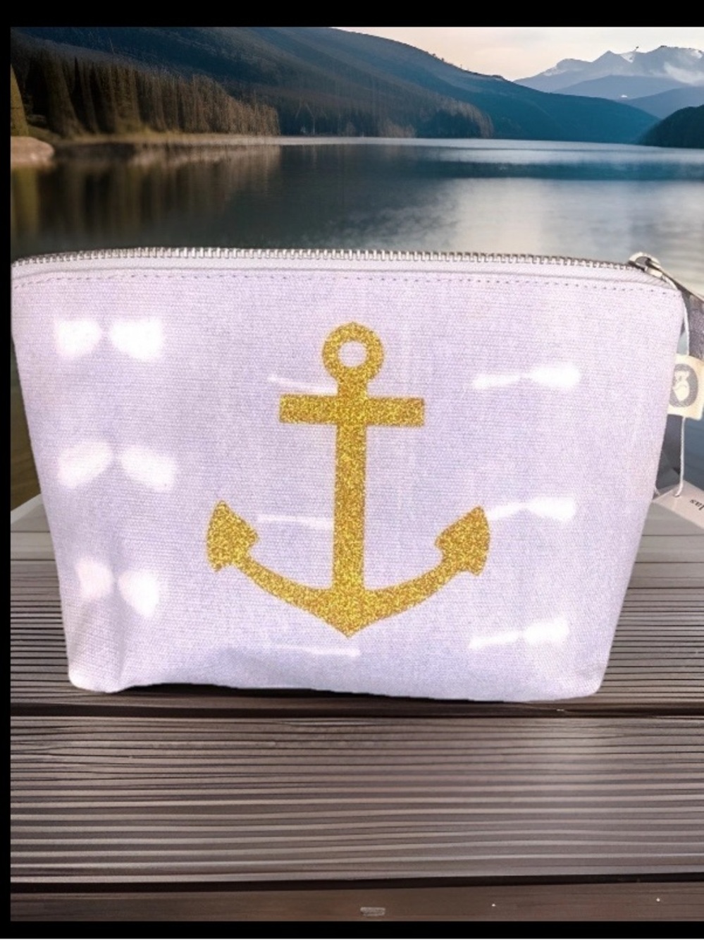 NWT Quilted Koala Kanvas Nautical Metallic Gold Anchor Cosmetic Bag